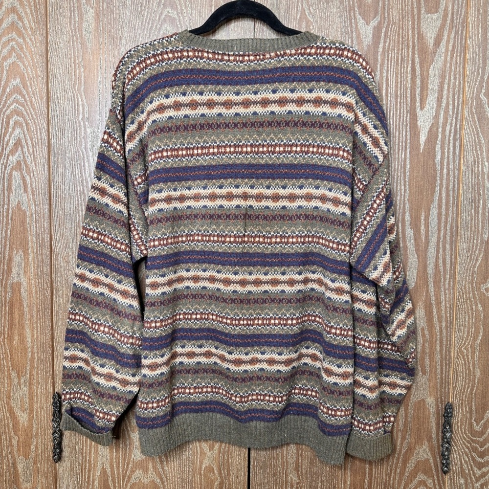 VTG Earthy Men Large Sweater Fair Isle Geometric Stripe Cotton Blend USA Presick - Picture 6 of 8